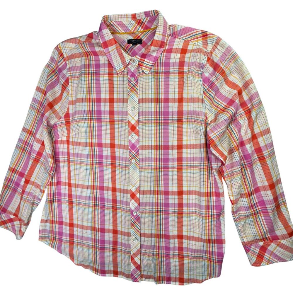 Talbots Shirt Womens XL Petite Pink Orange Plaid Button Down Soft Casual Preppy